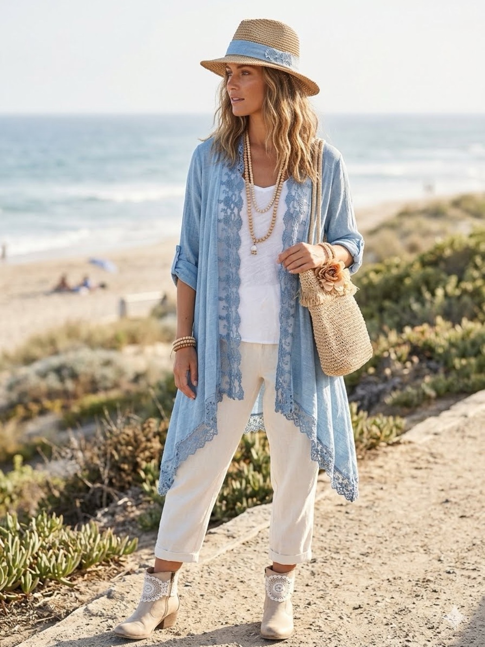 Rustic blue linen blend waterfall cardigan w lace detailing vacay vibe